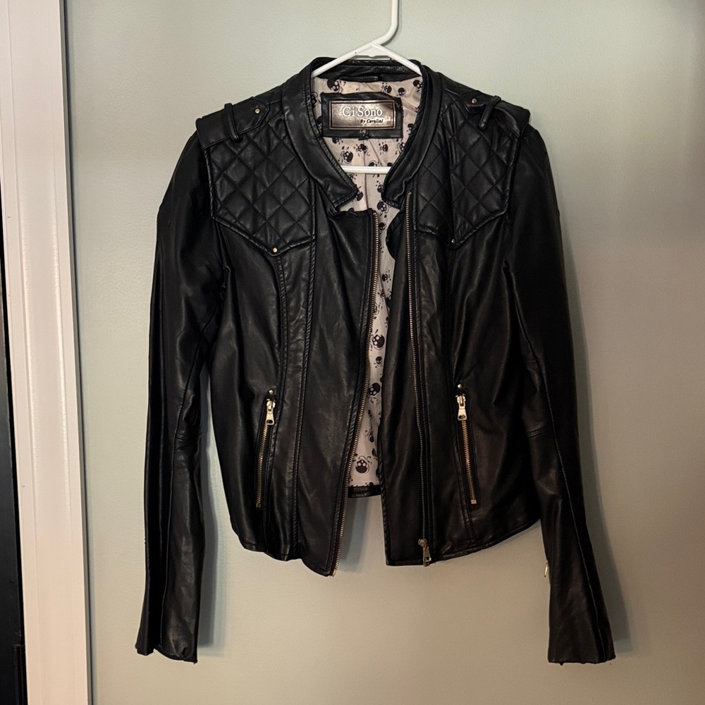 Black Quilted Vegan Leather Jacket size Large
